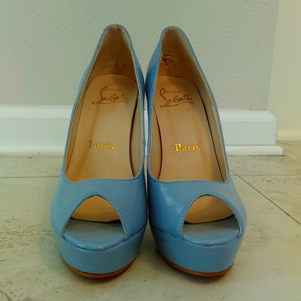 Blue patent peep toe Louboutins